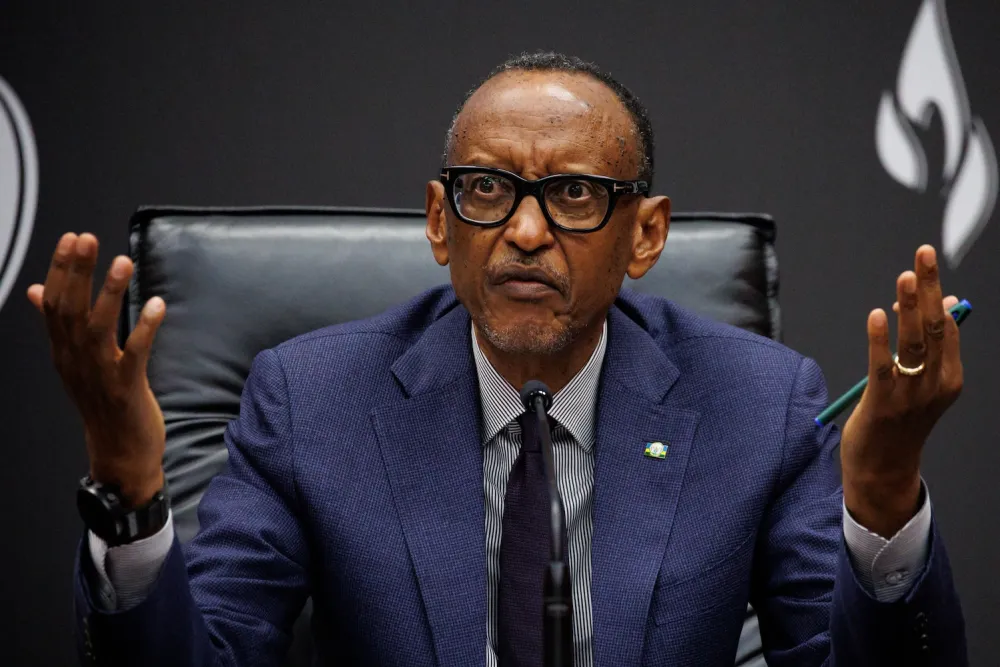 the president of rwanda, paul kagame, holds a press conference after the start of 100 days of remembrance, as rwanda commemorates the 30th anniversary of the tutsi genocide, on april 8, in kigali, rwanda.